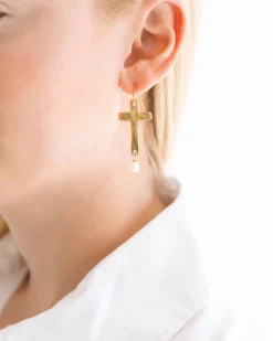 Cross + Pearl Drop Earrings|Susan Shaw