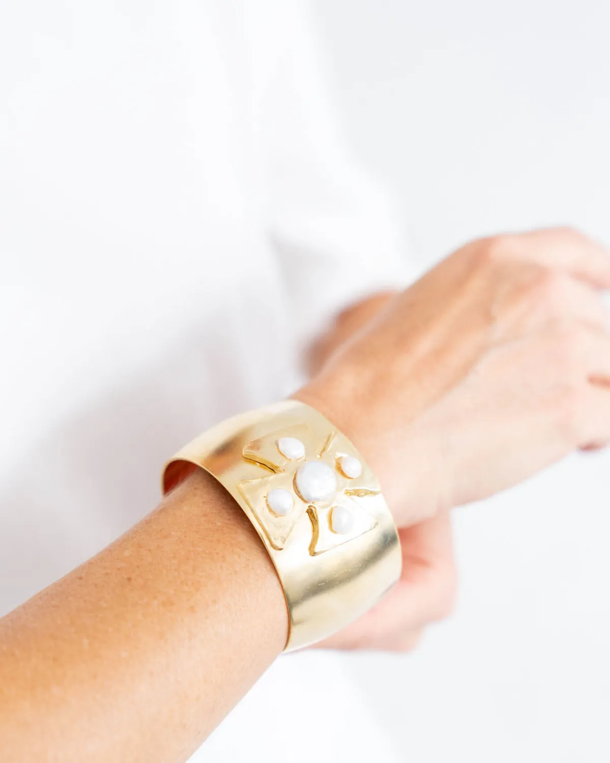 Gold + Pearl Maltese Cross cuff|Susan Shaw Online