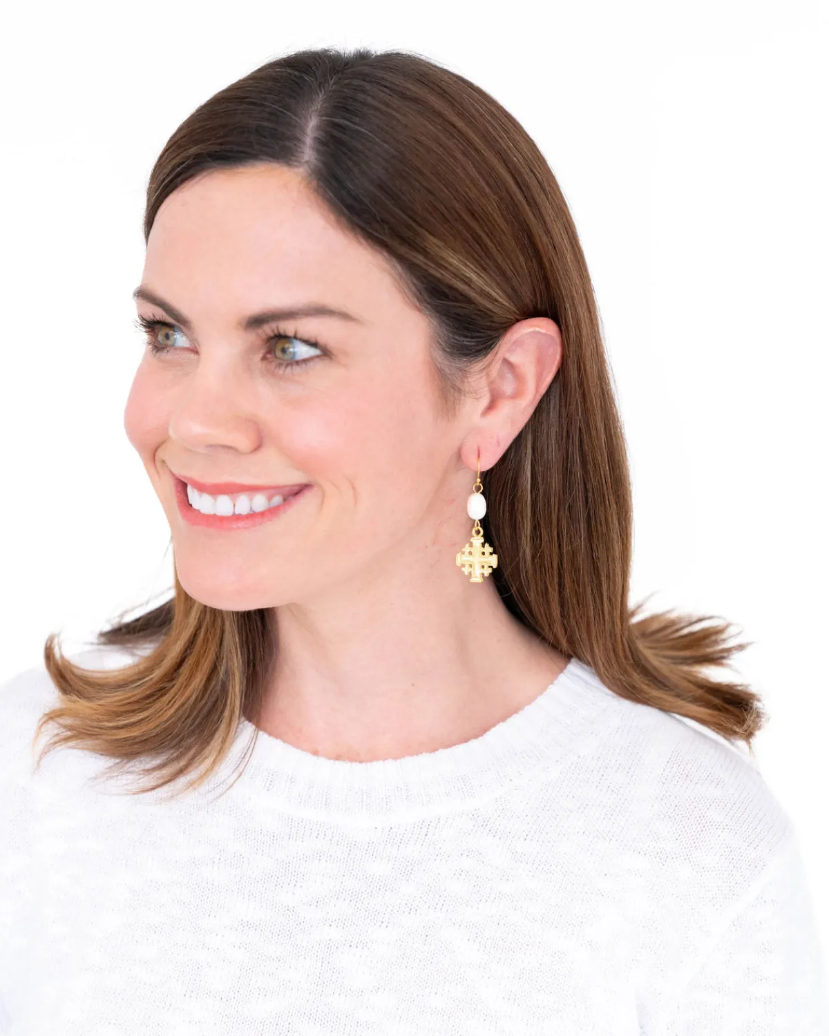 Jerusalem Cross Pearl Drop Earrings|Susan Shaw Clearance