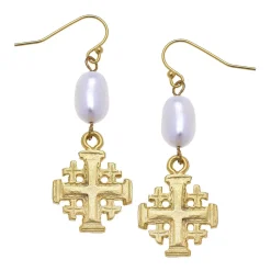 Jerusalem Cross Pearl Drop Earrings|Susan Shaw Clearance