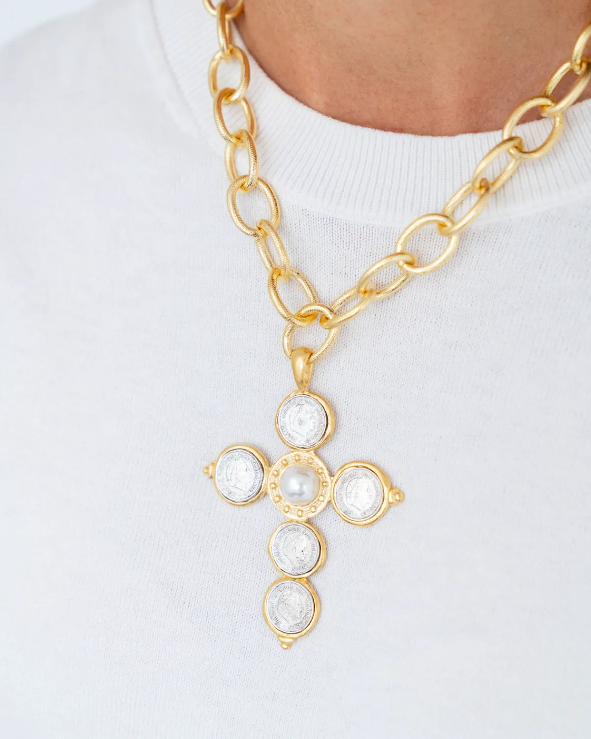 Mixed Metal Coin Cross Necklace|Susan Shaw Hot