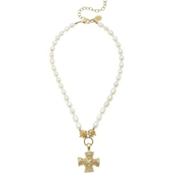 Squared French Cross Pearl Necklace|Susan Shaw Clearance